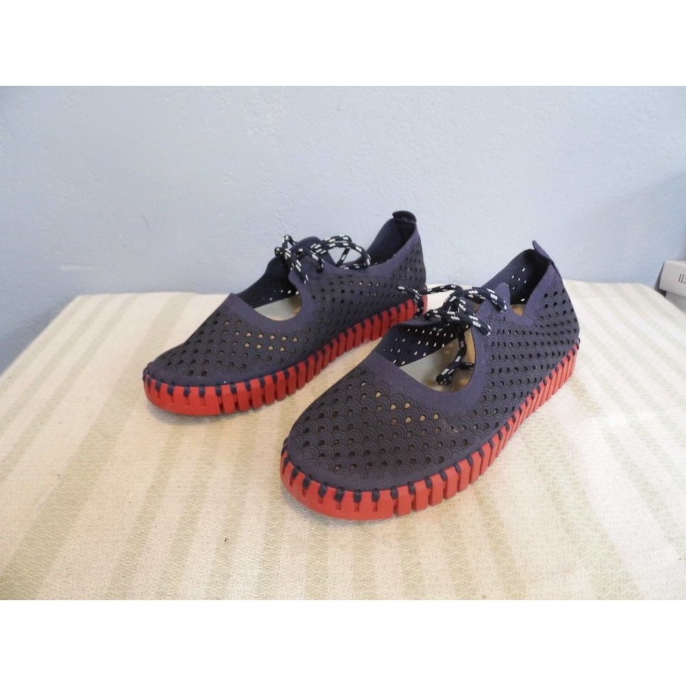 Ilse Jacobsen Navy Perforated Knit Sneakers with Red Tread